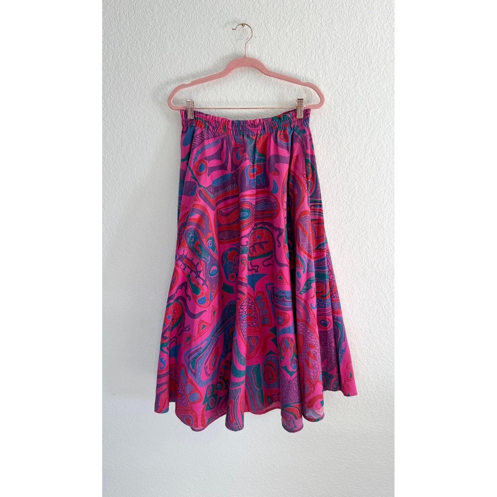 Vintage Abstract Print Midi Skirt Elastic Waist Bohemian Festival Vibrant Pink